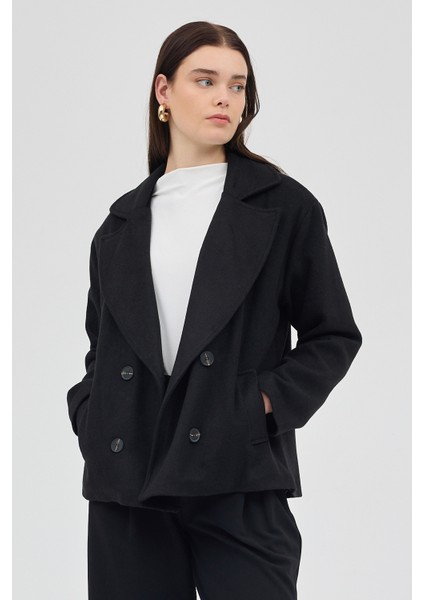 Siyah Kruvaze Yaka Çift Düğmeli Kaşe Kadın Ceket 8069A fiyatları