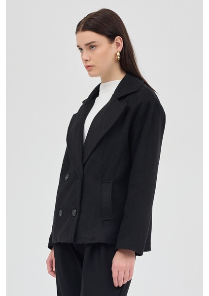 Siyah Kruvaze Yaka Çift Düğmeli Kaşe Kadın Ceket 8069A modelleri