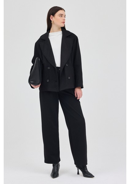 Siyah Kruvaze Yaka Çift Düğmeli Kaşe Kadın Ceket 8069A fırsatları