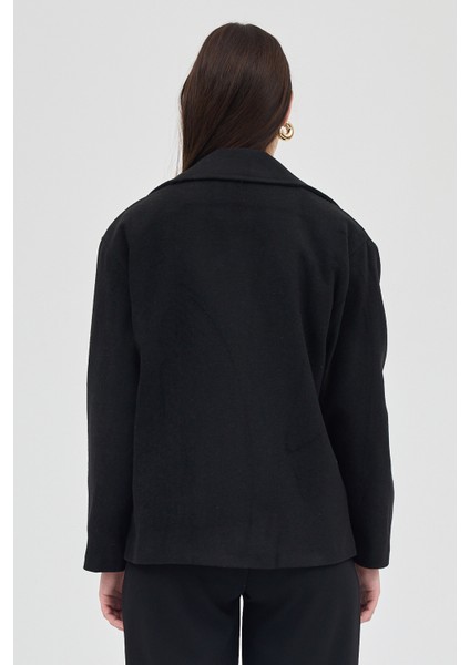 Siyah Kruvaze Yaka Çift Düğmeli Kaşe Kadın Ceket 8069A