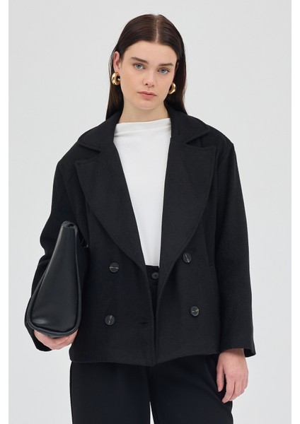 Siyah Kruvaze Yaka Çift Düğmeli Kaşe Kadın Ceket 8069A