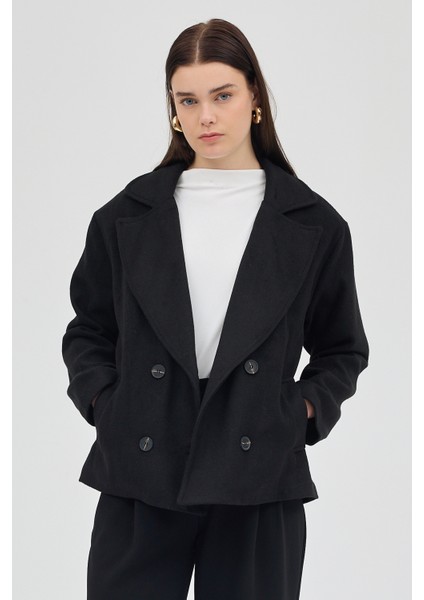 Siyah Kruvaze Yaka Çift Düğmeli Kaşe Kadın Ceket 8069A