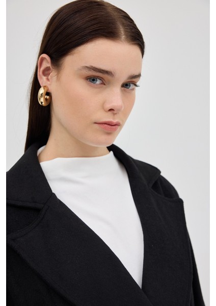 Siyah Kruvaze Yaka Çift Düğmeli Kaşe Kadın Ceket 8069A