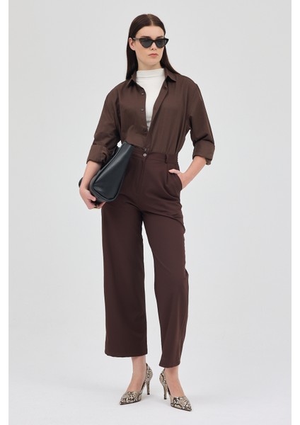 Acı Kahve Pile Detaylı Yüksek Bel Palazzo Kadın Pantolon 4003A