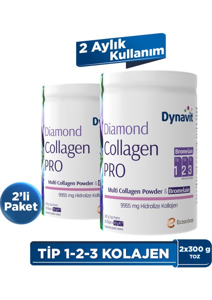Multi Collagen&Bromelain 300g Toz x2 - Hidrolize Peptit Tip 1&3 Sığır ve Tip 2 Tavuk Kolajeni, Bromelain