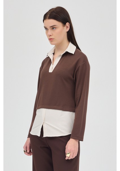 Kahve Gömlek Yaka Detaylı Triko Bluz 8241A modelleri