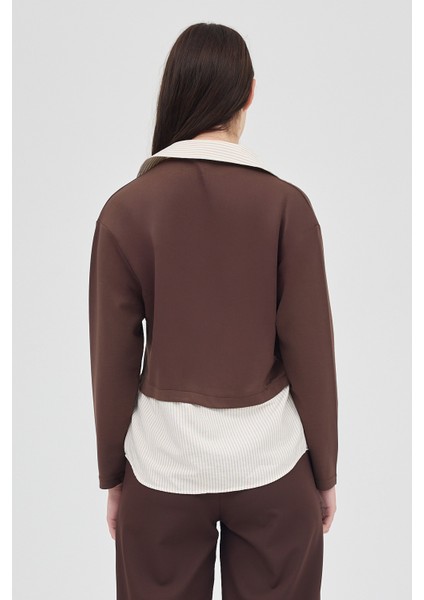 Kahve Gömlek Yaka Detaylı Triko Bluz 8241A