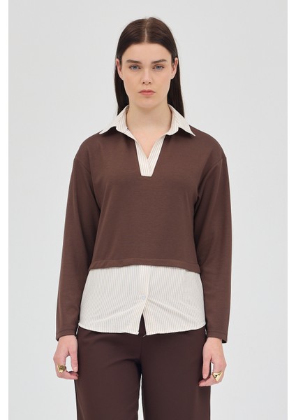 Kahve Gömlek Yaka Detaylı Triko Bluz 8241A