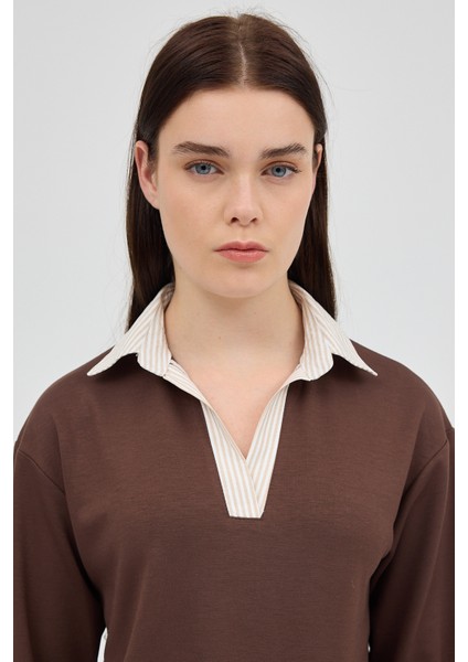 Kahve Gömlek Yaka Detaylı Triko Bluz 8241A