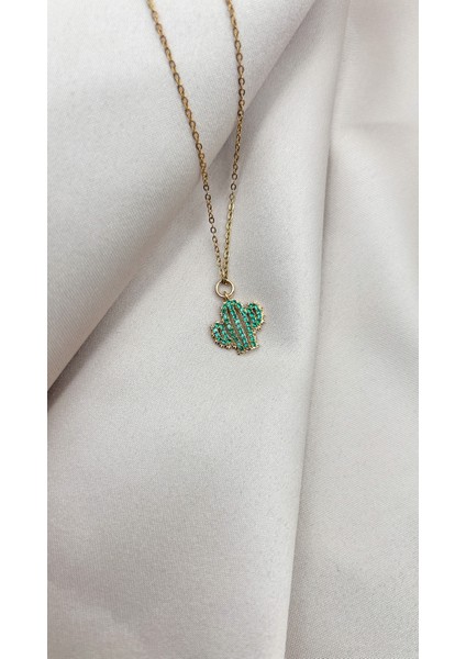 Fıora Zirkon Taşlı Yeşil Kaktüs Kolye Gold Ayarlanabilir Zincir indirimleri