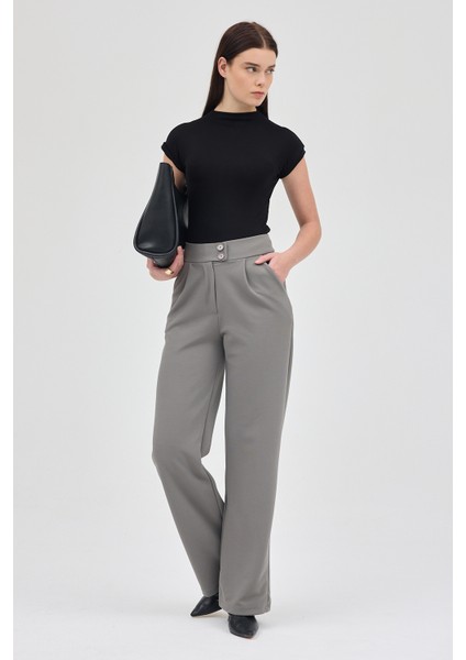 Gri Çift Düğmeli Kadın Pantolon 5010