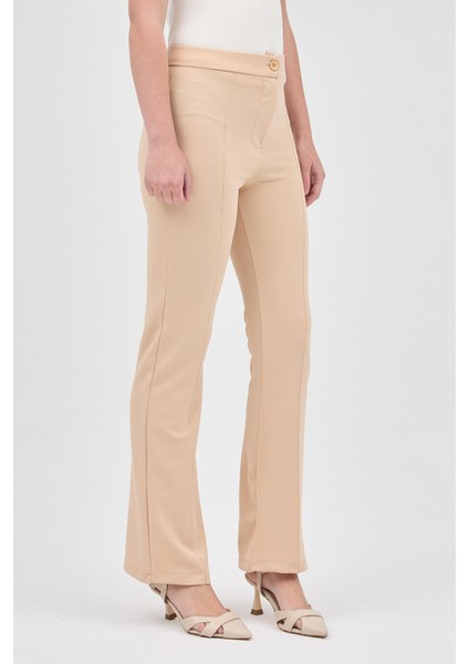 Bej Straight/Düz Kesim Yüksek Bel Nervür Dikişli Örme Pantolon TCR-6873A