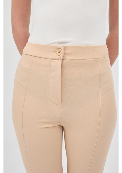 Bej Straight/Düz Kesim Yüksek Bel Nervür Dikişli Örme Pantolon TCR-6873A