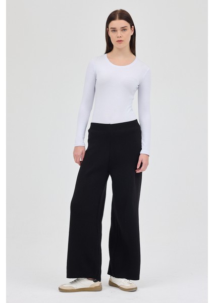 Siyah Geniş Paça Triko Kadın Pantolon 23274