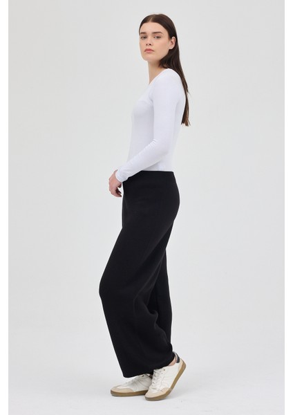 Siyah Geniş Paça Triko Kadın Pantolon 23274