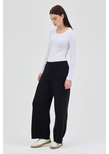 Siyah Geniş Paça Triko Kadın Pantolon 23274