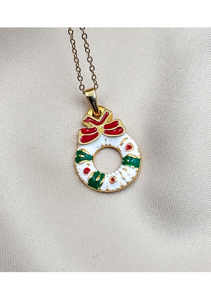 Fıora Yılbaşı Noel Temalı Fiyonklu Kolye Gold Ayarlanabilir Zincirli