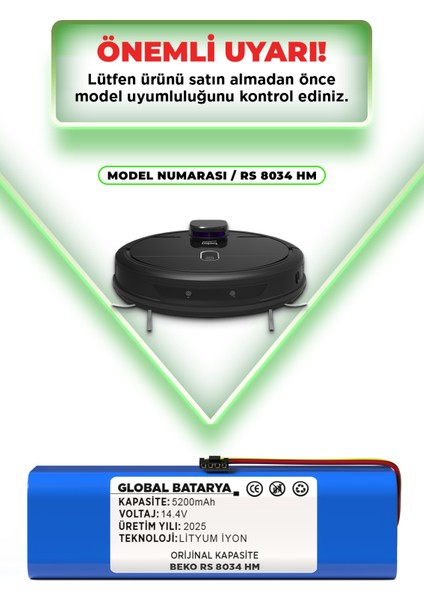 Beko Rs 8034 Hm Uyumlu Akıllı Robot Süpürge Bataryası 14.4V 5200MAH Pil (Orijinal Kapasite) indirimleri