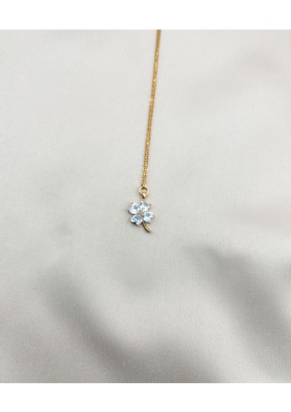 Fıora Zirkon Taş Yonca Kolye Ayarlanabilir Gold Zincir