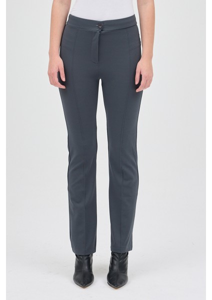 Füme Straight/Düz Kesim Yüksek Bel Nervür Dikişli Örme Pantolon TCR-6873A