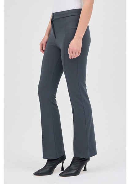 Füme Straight/Düz Kesim Yüksek Bel Nervür Dikişli Örme Pantolon TCR-6873A