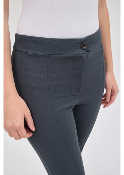 Füme Straight/Düz Kesim Yüksek Bel Nervür Dikişli Örme Pantolon TCR-6873A