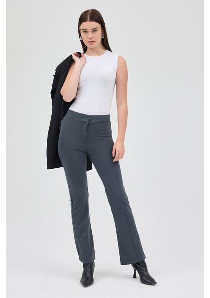 Füme Straight/Düz Kesim Yüksek Bel Nervür Dikişli Örme Pantolon TCR-6873A