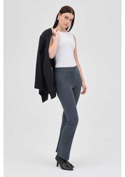 Füme Straight/Düz Kesim Yüksek Bel Nervür Dikişli Örme Pantolon TCR-6873A