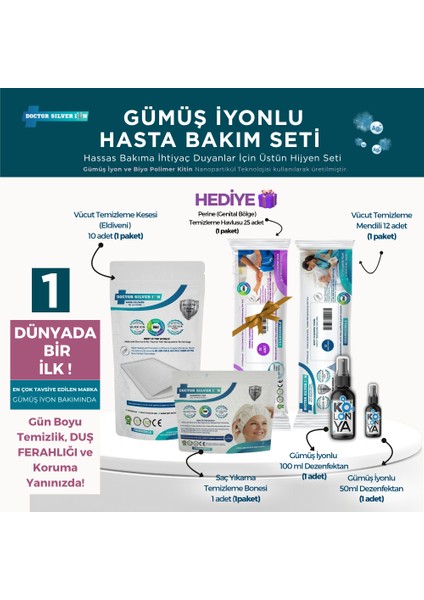 Gümüş İyonlu Yatan ve Evde Hasta Bakım Seti 25'li Perine, Vücut Temizleme Mendili, Vücut Temizleme Kesesi, Bone