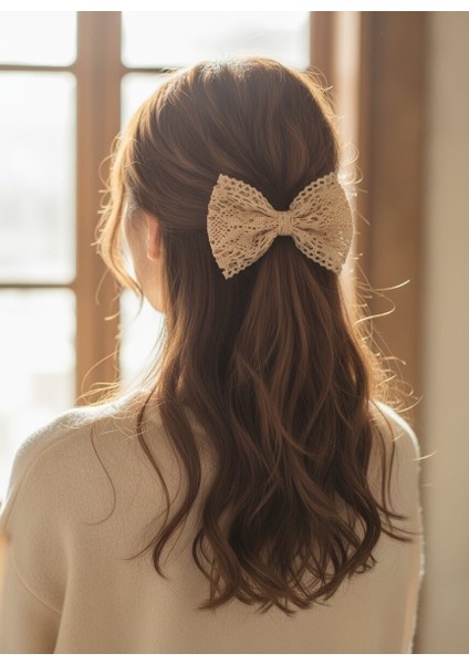 El Yapımı Kadın Krem Dantel Otomatik Fiyonk Toka, Kadin Toka