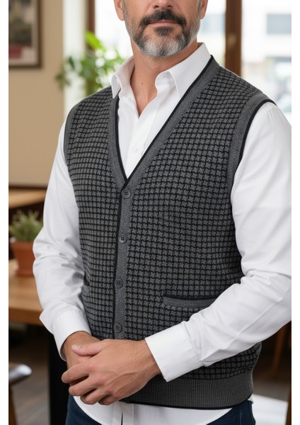 Erkek Çelik Örgü Düğmeli Cepli Kazayağı Desen Tüylenmeyen Triko Kışlık Baba Kazak Yelek