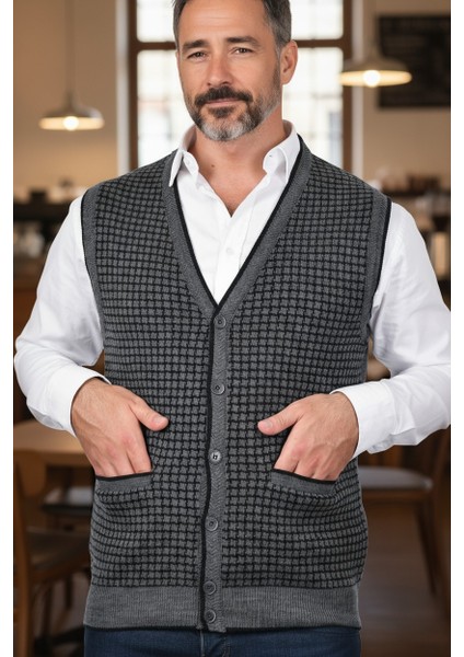 Erkek Çelik Örgü Düğmeli Cepli Kazayağı Desen Tüylenmeyen Triko Kışlık Baba Kazak Yelek fiyatları