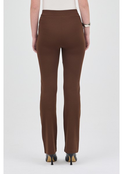 Kahve Straight/Düz Kesim Yüksek Bel Nervür Dikişli Örme Pantolon TCR-6873A