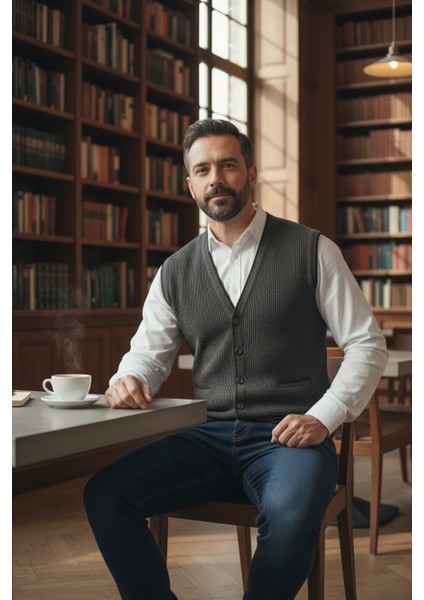 Erkek V Yaka Triko Düğmeli Cepli Çizgi Desenli Regular Fit Tüylenmeyen Örgü Yelek