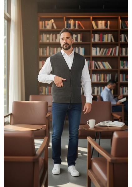 Erkek V Yaka Triko Düğmeli Cepli Çizgi Desenli Regular Fit Tüylenmeyen Örgü Yelek fiyatları