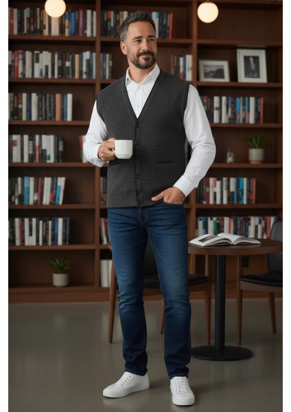 Erkek V Yaka Triko Düğmeli Cepli Çizgi Desenli Regular Fit Tüylenmeyen Örgü Yelek modelleri