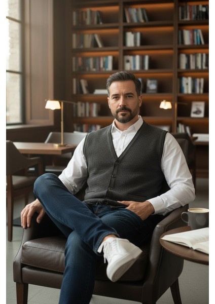 Erkek V Yaka Triko Düğmeli Cepli Çizgi Desenli Regular Fit Tüylenmeyen Örgü Yelek fırsatları