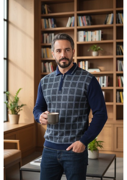 Erkek Çelik Örgü Kazayağı Model Gömlek Yaka Fermuarlı Polo Yaka Tüylenmeyen Triko Kışlık Baba Kazak