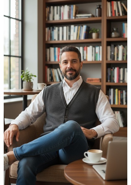 Erkek V Yaka Triko Düğmeli Cepli Çizgi Desenli Regular Fit Tüylenmeyen Örgü Yelek