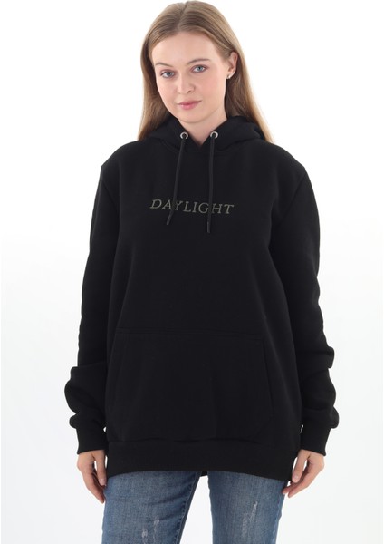 Daylıght Unisex Nakışlı Siyah Kapüşonlu Sweatshirt (Nakış Yeşil) Kanguru Cep Detaylı Hem Erkek Hem De Kadın Için Dizayn Edilmiştir
