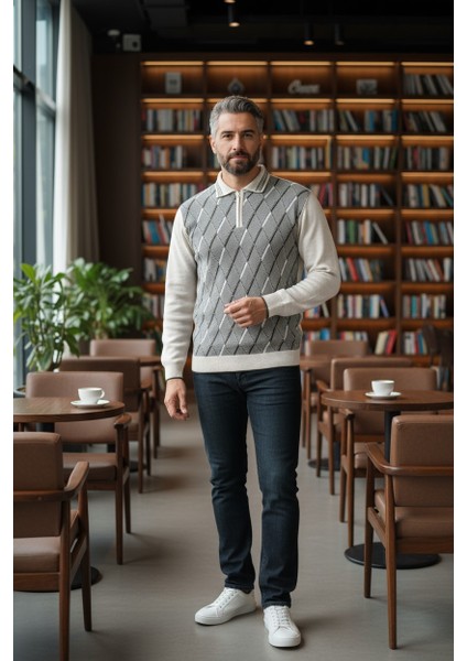 Erkek Çelik Örgü Ekose Desenli Gömlek Yaka Fermuarlı Polo Yakalı Tüylenmez Triko Kışlık Baba Kazak