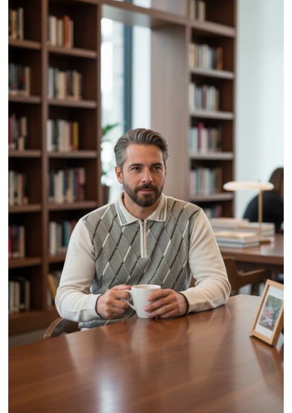 Erkek Çelik Örgü Ekose Desenli Gömlek Yaka Fermuarlı Polo Yakalı Tüylenmez Triko Kışlık Baba Kazak modelleri