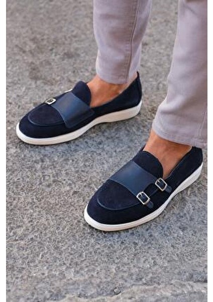Hakiki Deri Erkek Loafer Toka Detaylı Lacivert Düz Taban Ayakkabı indirimleri