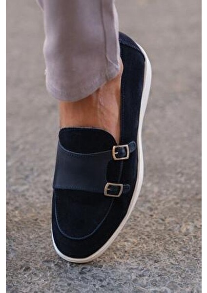 Hakiki Deri Erkek Loafer Toka Detaylı Lacivert Düz Taban Ayakkabı