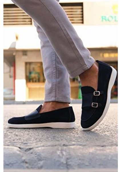 Hakiki Deri Erkek Loafer Toka Detaylı Lacivert Düz Taban Ayakkabı
