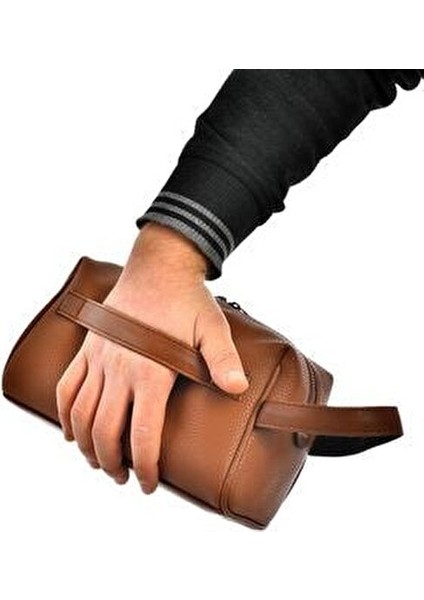 Suni Deri El ve Traş Çantası Suya Dayanıklı Çok Gözlü Tasarım Günlük Kullanım