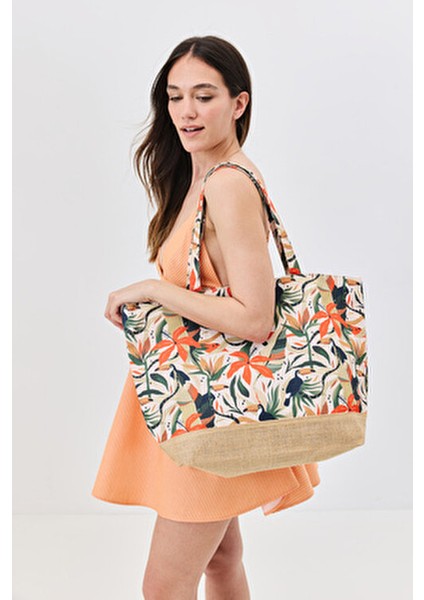 Dijital Baskılı Kadın Plaj Çantası Fermuarlı İç Cep ile 52x37x15 cm Y8670-26 K-03