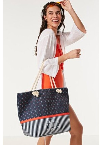 Dijital Baskılı Plaj Çantası Kadın Çok Renkli Astar ve Fermuarlı Cep ile 52x37x15 cm Y8670-02