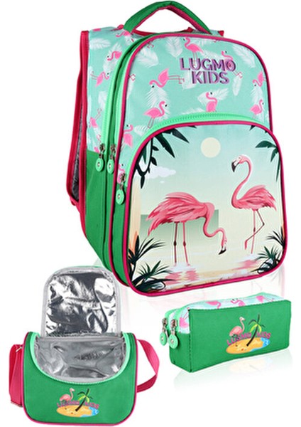 Flamingo 3'lü Okul Çanta Seti Kız Çocuklar İçin Astarlı Pedli Tekstil Yeşil-Pembe