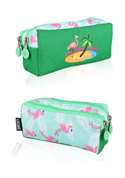 Flamingo 3'lü Okul Çanta Seti Kız Çocuklar İçin Astarlı Pedli Tekstil Yeşil-Pembe